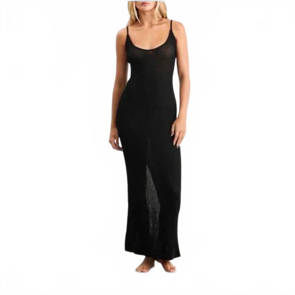 NEW SKIMS sheer knit midi dress in onyx / black